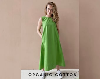 Green Organic Cotton Midi Dress: Bell Dress with Pockets