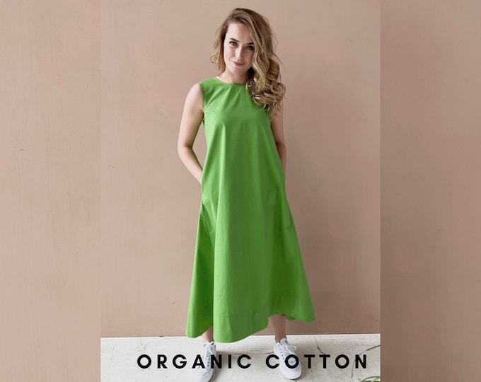 Green Organic Cotton Dress, Green Summer Dress, Women Dress, Midi Dress, Green Cotton Dress, Organic Cotton, Dress for Women