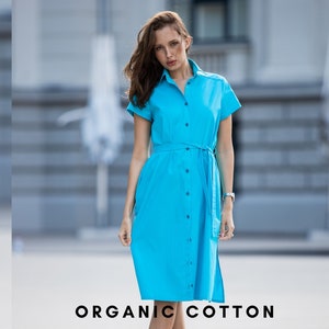 Vestido de algodón orgánico azul claro, vestido con cuello, vestido camisero, vestido de algodón de verano, vestido sostenible, vestido de mujer, vestido de talla grande