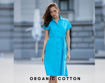 Light Blue Organic Cotton Dress, Collar Dress, Shirt Dress, Summer Cotton Dress, Sustainable Dress, Women Dress, Plus Size Dress