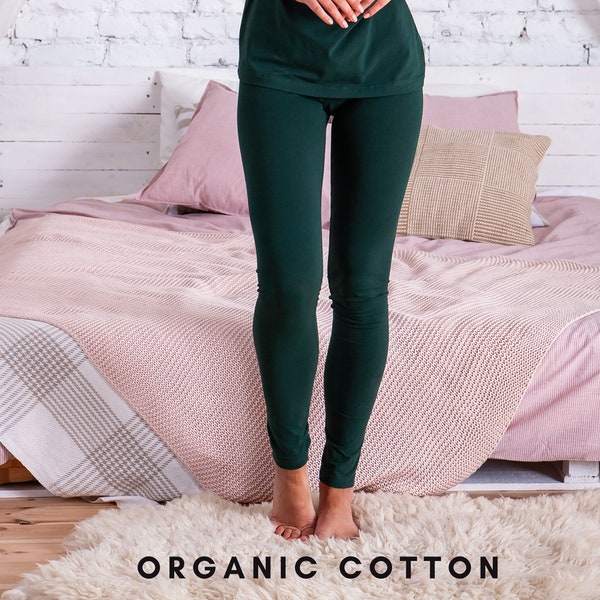 Leggings en coton biologique, leggings vert foncé, leggings taille haute, leggings dames, leggings plus taille, leggings coton, leggings lounge