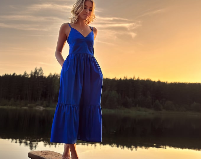 Blue Midi Dress, Strap Dress, Summer Outfit, Beach Wedding, Romantic Dress, Resort wear, Organic Cotton Dress, Plus Size Dress