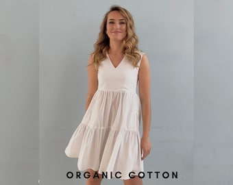 White Cotton Mini Dress, Organic Cotton Dress, Summer Mini Dress, Summer Cotton Dress, Dress with ruffle, Flared Dress, Ruffle Dress