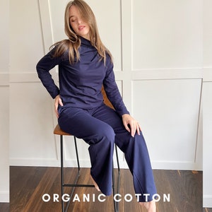 Marine Blaue Bio Baumwolle Hose, Marine Hose, Hose mit hoher Taille, Leggings Damen, Hose Übergröße, Hose Baumwolle, Lounge Hose
