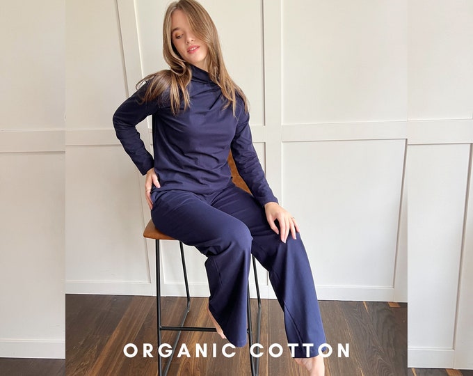 Navy Blue Organic Cotton Pants, Navy Trousers, High Waisted Pants, Leggings ladies, Trousers Plus Size, Trousers Cotton, Lounge Pants