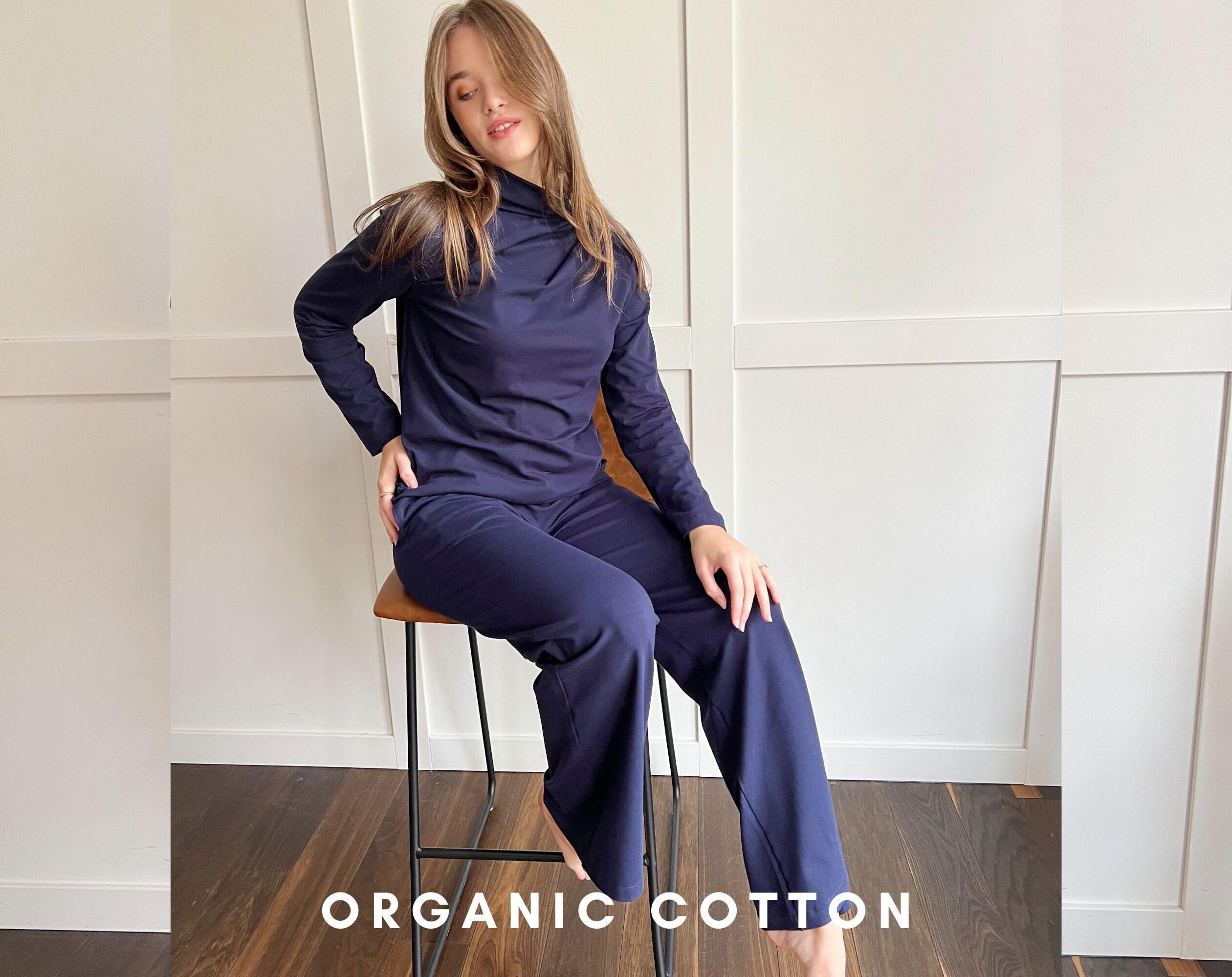 Navy Blue Organic Cotton Pants, Navy Trousers, High Waisted Pants