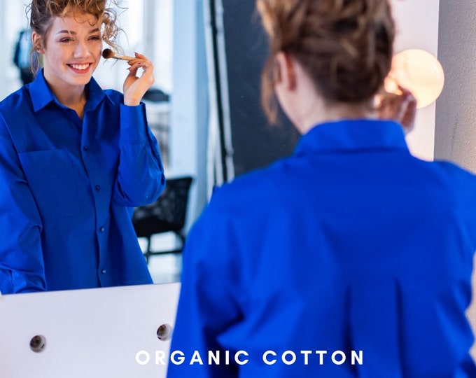 BLUE COTTON SHIRT- Women Button Down Shirt, Blue Business Blouse, Organic Cotton Shirt, Blue Collar Blouse, Plus Size Shirt, Cotton Blouse