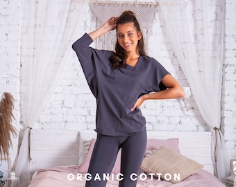 Grey Organic Cotton Top, Gray Loose Fitting Top, Yoga Top, Jersey Shirt, Women Top, Jersey Top, Tunic Tee, Oversize Top, Plus Size Top