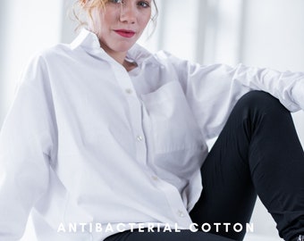 White Organic Cotton Shirt Women, Oversized Long Sleeve Collar Blouse, GOTS Cotton Button Down Shirt, Plus Size Work Blouse, Gift