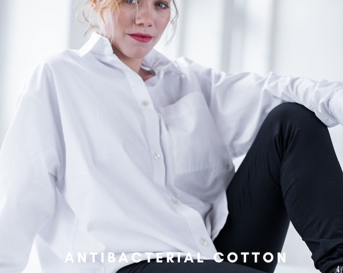 WOMEN COLLAR SHIRT - White Cotton Shirt, Women White Blouse, Antibacterial Shirt, Plus Size Shirt, Oversize Shirt, Women Button Down Blouse