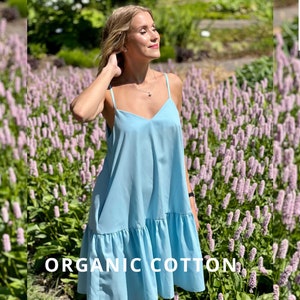 Women&#39;s Cotton Dress, Hot Summer Party Outfit ,Strap dress, Light Blue ruffle dress, Sustainable cotton dress, Boho dress, Girl&#39;s dress
