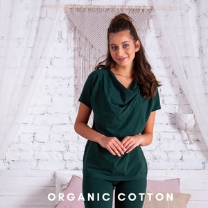 Top de algodón orgánico verde oscuro, top holgado verde, top de yoga, camiseta de jersey, top de mujer, top de jersey, camiseta tipo túnica, top informal