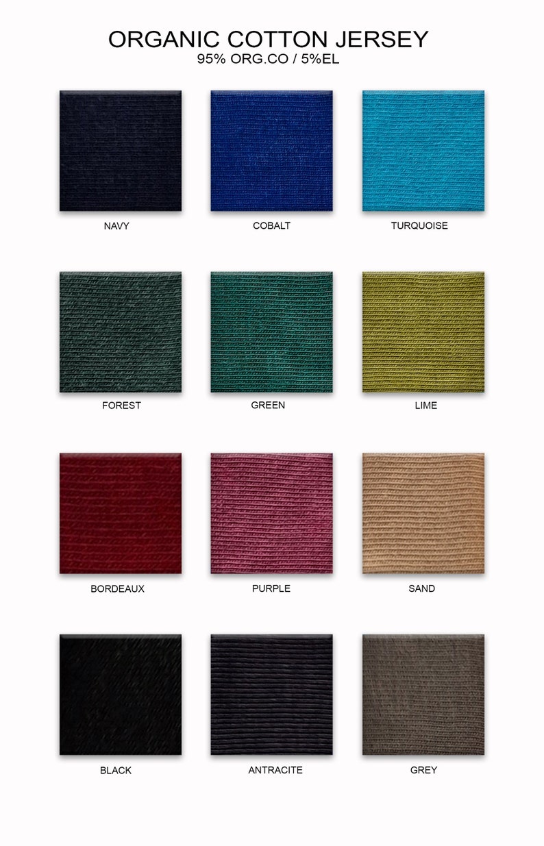Pu&ograve; includere: Immagine che mostra una tavolozza di colori di campioni di tessuto jersey di cotone biologico. I campioni includono blu navy, cobalto, turchese, foresta, verde, lime, bordeaux, viola, sabbia, nero, antracite e grigio. Il testo in alto recita "ORGANIC COTTON JERSEY 95% ORG.CO / 5%EL".