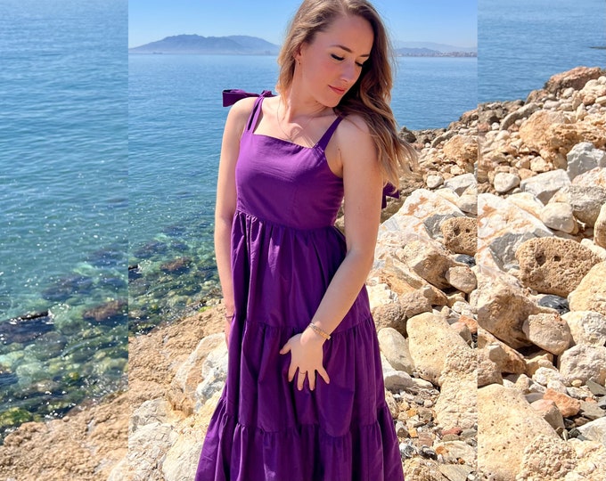 Purple Cotton Dress, Organic Cotton Dress, Summer cotton Dress, Comfortable dress, Cotton dress, Midi cotton dress, Women Dress, Blue Dress