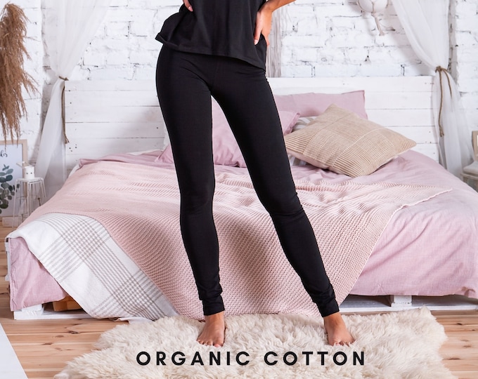 BLACK YOGA LEGGINGS - Women Organic Cotton Leggings, High Waist Full Length Leggings, Ladies Yoga Pants, Plus Size Leggings, Tights Leggings
