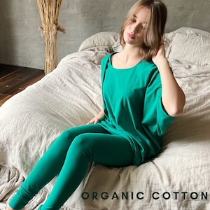 Green Organic Cotton Top, Green Loose Fitting Top, Yoga Top, Jersey Shirt, Women Top, Jersey Top, Tunic Tee, Leisure Top
