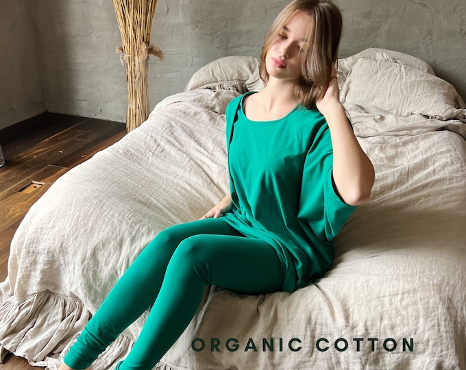 Green Organic Cotton Top, Green Loose Fitting Top, Yoga Top, Jersey Shirt, Women Top, Jersey Top, Tunic Tee, Leisure Top