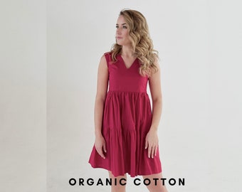 Pink Cotton Mini Dress, Organic Cotton Dress, Summer Mini Dress, Summer Cotton Dress, Dress with ruffle, Flared Dress, Ruffle Dress