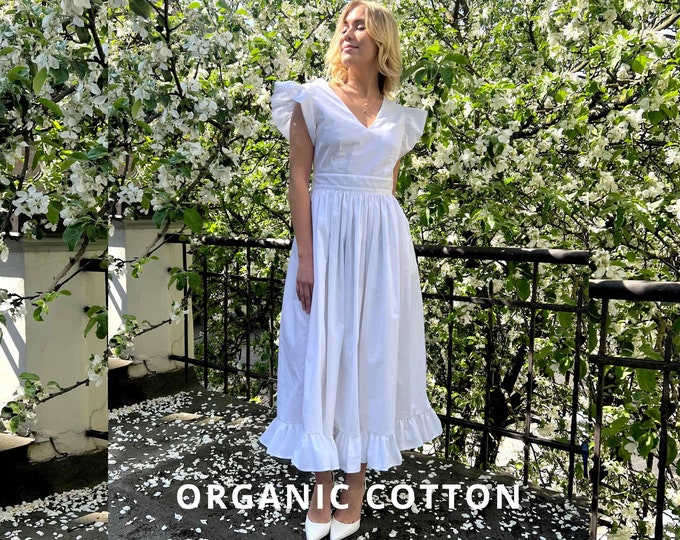 White organic cotton dress, Ruffle midi dress, Puffy sleeve dress, White ruffle dress, Sustainable cotton dress, Boho dress, Feminine dress