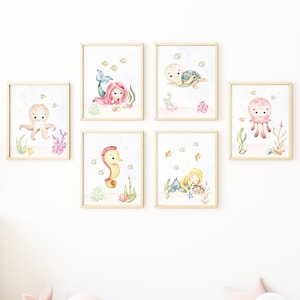 Set of 6 Nautical Nursery Print-Under the Sea Wall Art-Baby Girl Nursery Print-Mermaid Nursery -Sea Life Posters for Girl-Digital Download.