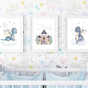 Nursery Dragon Wall Art- Boy Dragon Decor-Blue Dragon Poster- Baby Dragon Kids Room Prints- Fairy tale Nursery Art- Toddler Room Decor.