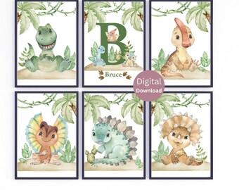 Custom Dinosaur Nursery Print Set of 6 - Personalized Gift - Baby Dinosaur Boys Room Decor -  Initial Name Nursery Poster - Dinosaur Nursery