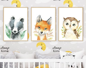 Woodland Nursery Decor- Forest Nursery art print- Nursery Wall Art- Forest Nursery Decor- Set of 3 Woodland Animals - Art Prints.