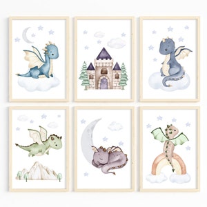 Impresiones de dragón para guardería, decoración de dragón para niño, arte de cuento de hadas para guardería, impresiones para habitación de bebé dragón para niños, arte de pared imprimible, decoración de pared de sala de juegos.