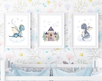 Nursery Dragon Wall Art- Boy Dragon Decor-Blue Dragon Poster- Baby Dragon Kids Room Prints- Fairy tale Nursery Art- Toddler Room Decor.