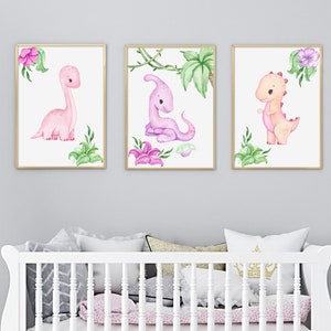 Dinosaur Prints Set of 3 -Girl Dino Nursery Wall Art - Pink Dinosaur Posters - Girl Room Decor- Printable Nursery Set -Girl Dinosaur Nursery