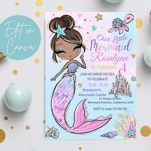 Editable Mermaid Birthday Invitation Mermaid Party Invitation Mermaid Themed Birthday Invitation Girl Party Invite Under the Sea Template