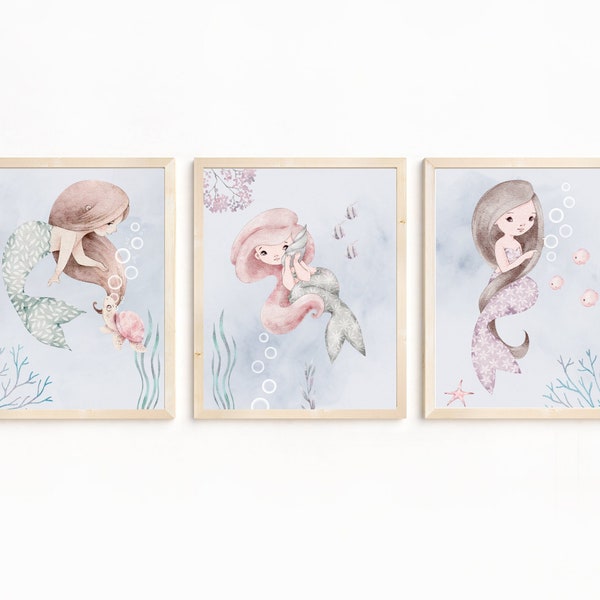 Mermaid Nursery Print Set of 3-Baby Girl Nursery Decor-Mermaid Nursery Wall Art-Girl Nursery Decor-Mermaid Theme Girl Room Decor-Mermaid Art