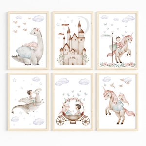 Lot de 6 imprimés conte de fées pour chambre d&#39;enfant, décoration pour chambre d&#39;enfant sur le thème des princesses, affiches fantastiques pour chambre d&#39;enfant, château de licorne rose, princesse dragon