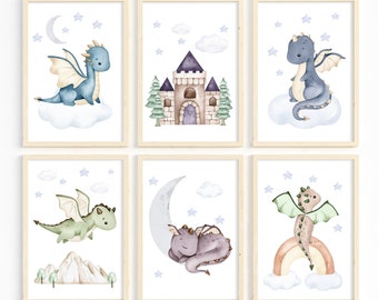 Nursery Dragon Prints-Boy Dragon Decor-Fairy tale Nursery Art-Baby Dragon Kids Room Prints-Printable Wall Art-Playroom Wall Decor.