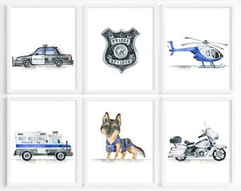 Police Nursery Prints- Nursery Prints for Boy- Toddler Nursery- Transportation Wall Art- Police Car Posters- Boy Room Wall Decor- Police Set