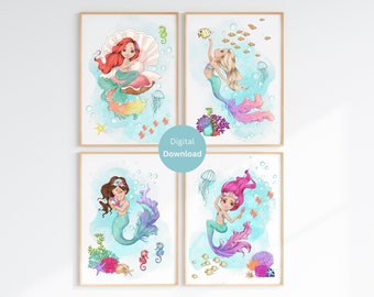 Mermaid Nursery Print Set of 4 - Mermaid Wall Art - Girls Room Decor - Mermaid Nursery Print - Mermaid Printable Wall Art - Mermaid Nursery