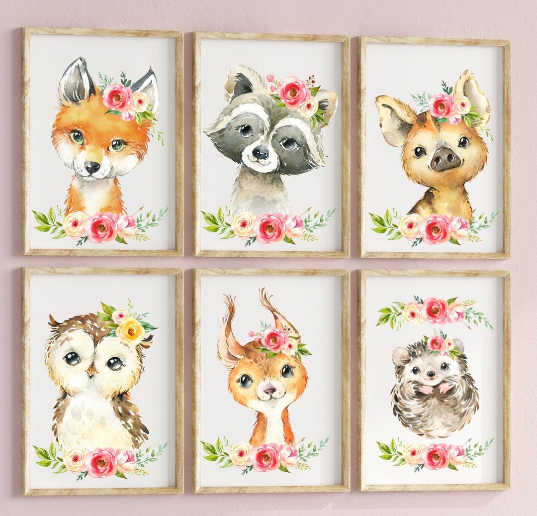 Set of 6 Flower Woodland Animals- Nursery Woodland Decor- Baby Girl ...