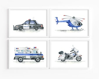 Police Print Set of 4- Police Car Wall Art-Boy Nursery Wall Art- Police Posters- Transportation Wall Art-Toddler Nursery-Digital Download