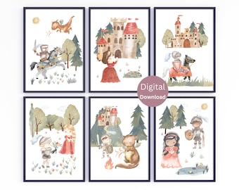 May include: Set of six printable watercolor illustrations featuring a knight, a princess, a dragon, and a castle. The illustrations are in a whimsical style with soft colors and delicate details.