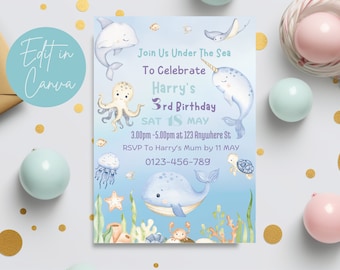 Invitation d'anniversaire modifiable sous la mer pour garçon - Invitation animaux marins - Invitation vie marine - modèle modifiable sous la mer - thème océan