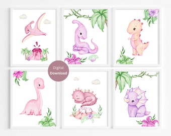 Pink Dinosaur Nursery Prints - Girl Dinosaur Wall Art - Cute Dinosaurs print- Set of 6 Girl Dino Nursery Art- Dinosaur flowers Nursery Decor