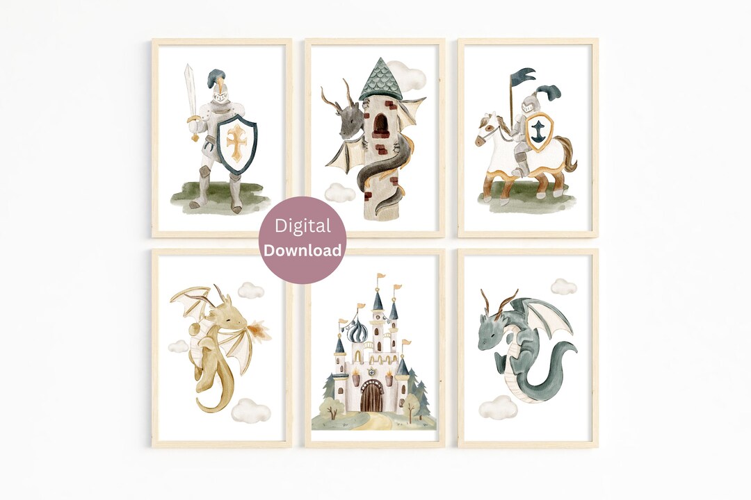 Boy Dragon Nursery Print Set of 6 - Fantasy Nursery Decor - Medieval ...