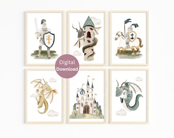 Boy Dragon Nursery Print Set of 6 - Fantasy Nursery Decor - Medieval knight Adventure Wall Art - Printable Dragon Poster- Boys Room Decor