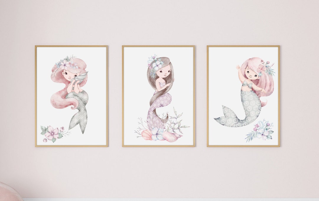 Mermaid Nursery Print Set of 3-baby Girl Nursery Wall Art-mermaid ...