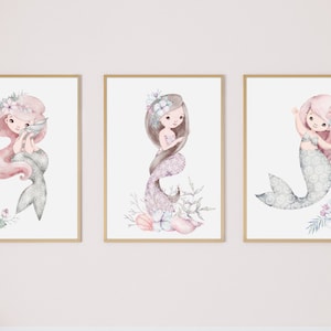 Mermaid Nursery Print set of 3-Baby Girl Nursery Wall Art-Mermaid Nursery Prints-Mermaid Nursery Wall Decor-Girl Bedroom Prints-Kids Gallery