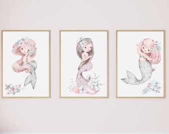 Juego de 3 láminas de sirena para habitación de bebé - Decoración de pared para habitación de niña - Láminas de sirena - Decoración de pared para habitación de niña - Galería infantil