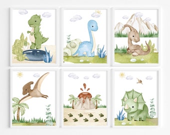 Dinosaur Nursery Prints-Dinosaur Nursery Decor-Watercolor Dinosaur Wall Art-Dinosaur Posters for Boys-Kids Gallery Wall Set-Digital Download
