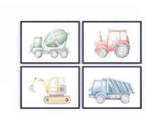 Set of 4 Construction Vehicle Nursery Prints - Watercolor Trucks Wall Art - Construction Nursery Decor - Truck Vehicles Posters - Boys Room