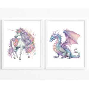 Ensemble d&#39;impression de chambre de bébé fantastique de 2 dragons et licorne pour chambre de fille, art mural imprimable, décoration de chambre de petite fille, impression licorne, impression de dragon