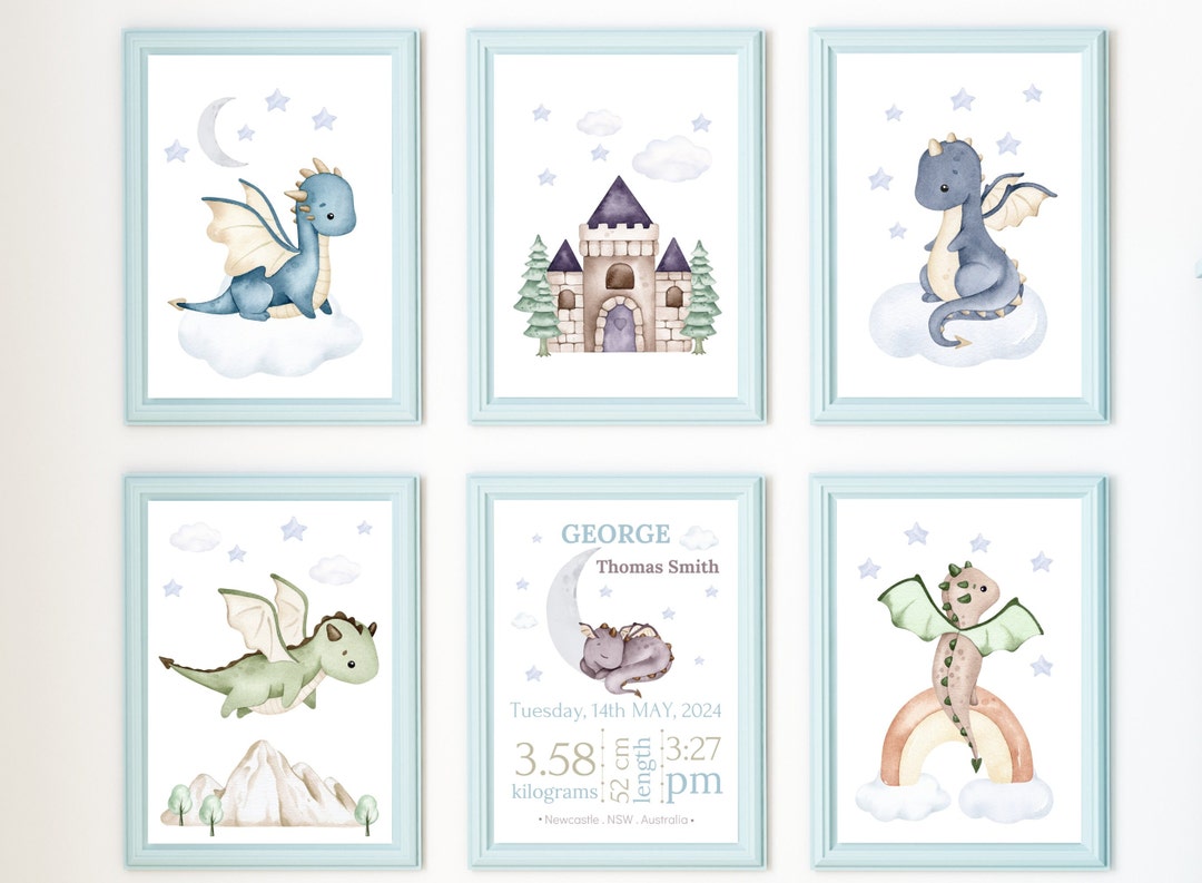 Personalised Baby Dragon Nursery Print Set of 6 - Birth Announcement ...